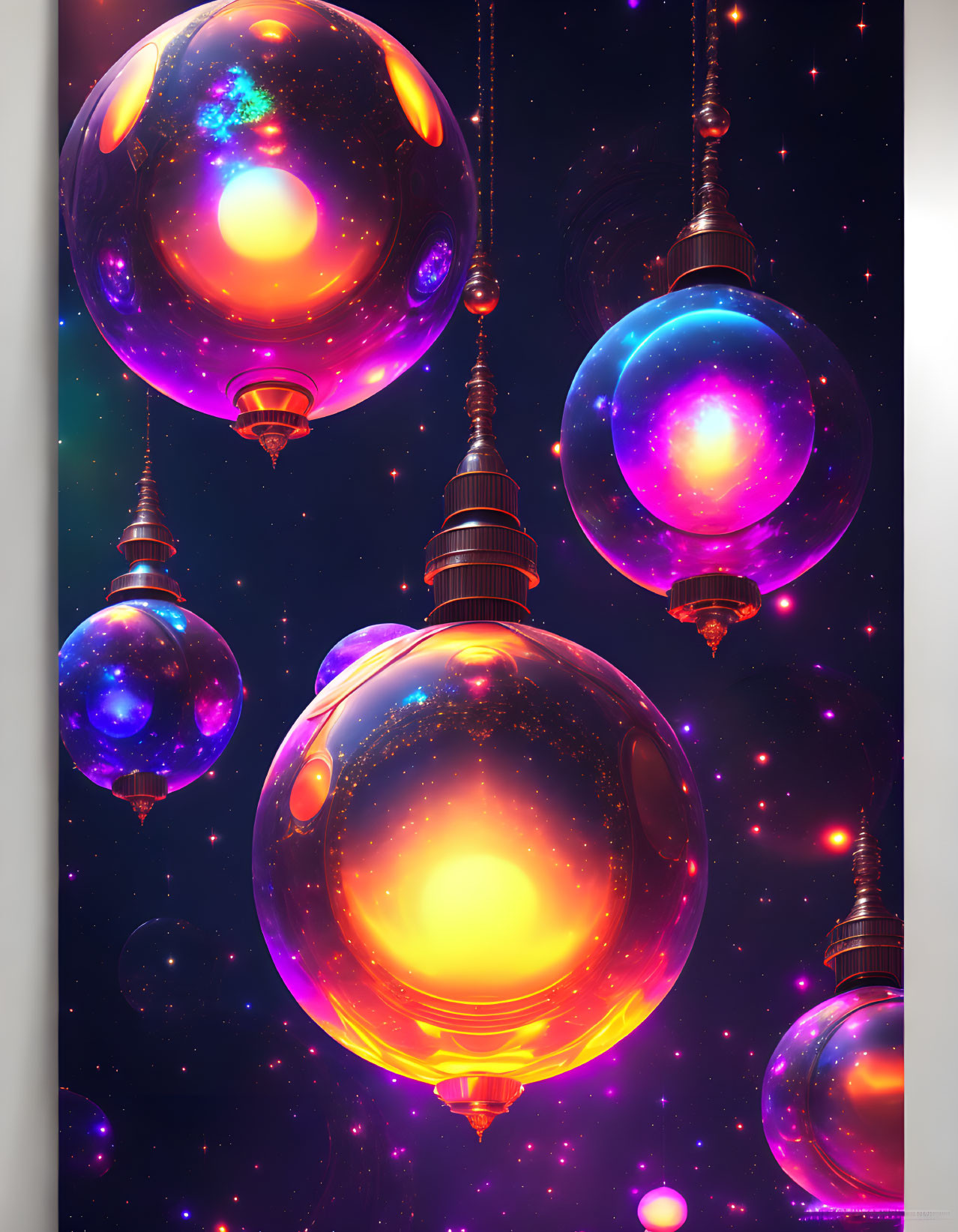 Colorful cosmic spheres with glowing centers in a starry setting and ornate fixtures.
