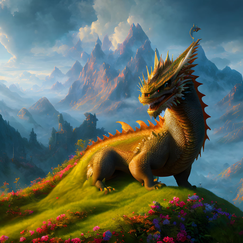 Majestic dragon on grassy hill with misty mountains and radiant sky