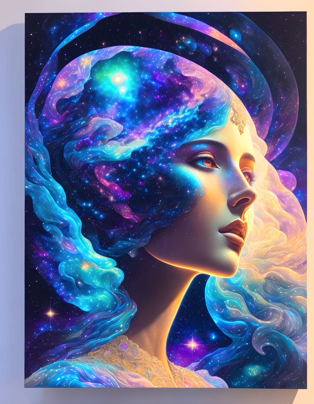 Illustration of woman's profile blending into cosmic galaxy landscape