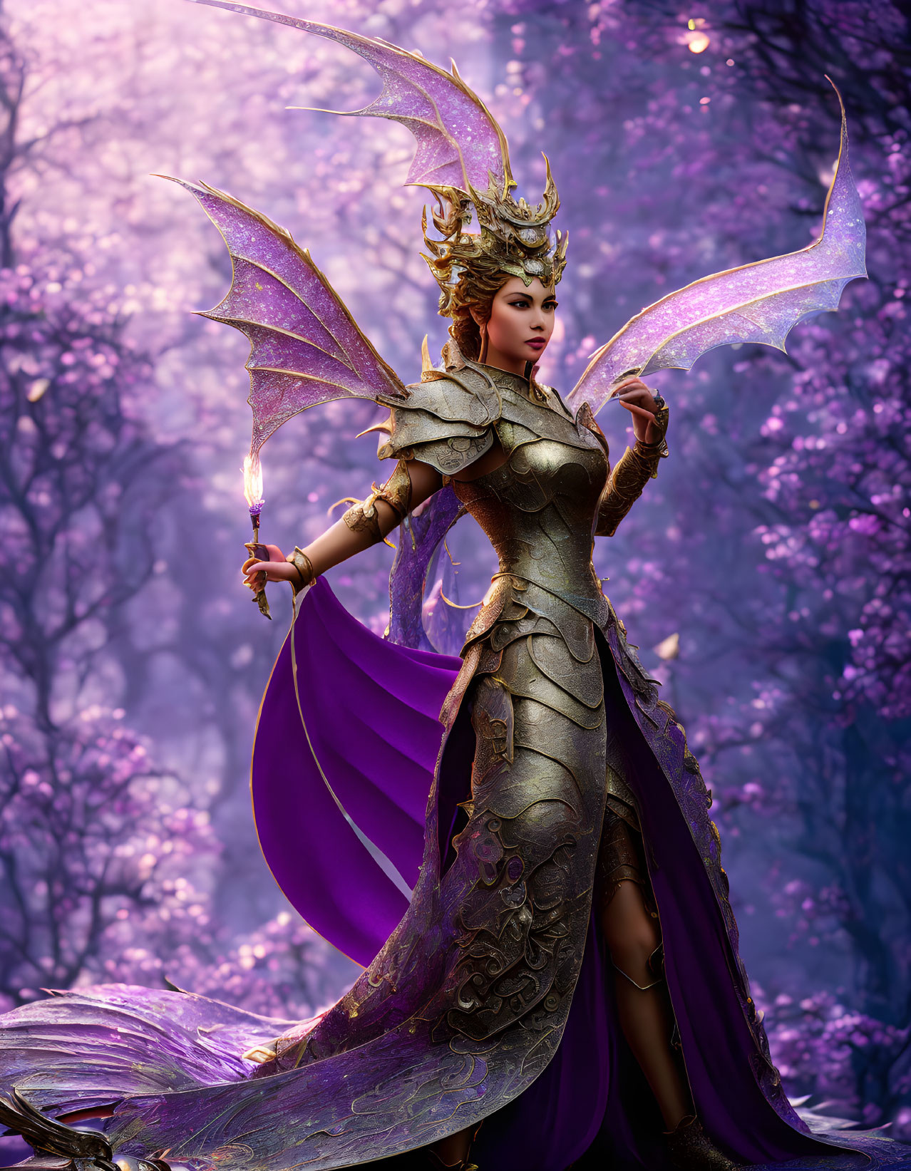 Golden-armored fantasy character with dragon wings in regal setting.
