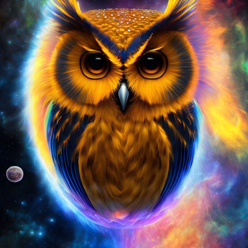 Colorful Owl Digital Illustration with Cosmic Background and Moon