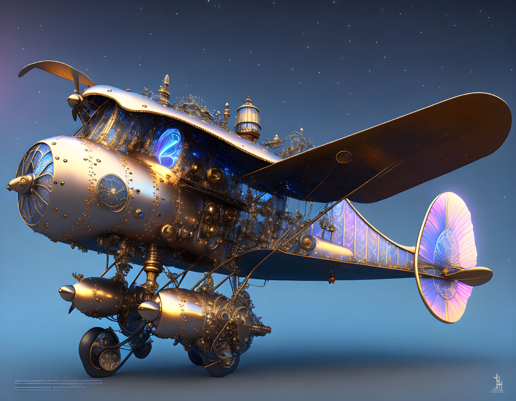 Steampunk airship with glowing blue accents in twilight sky
