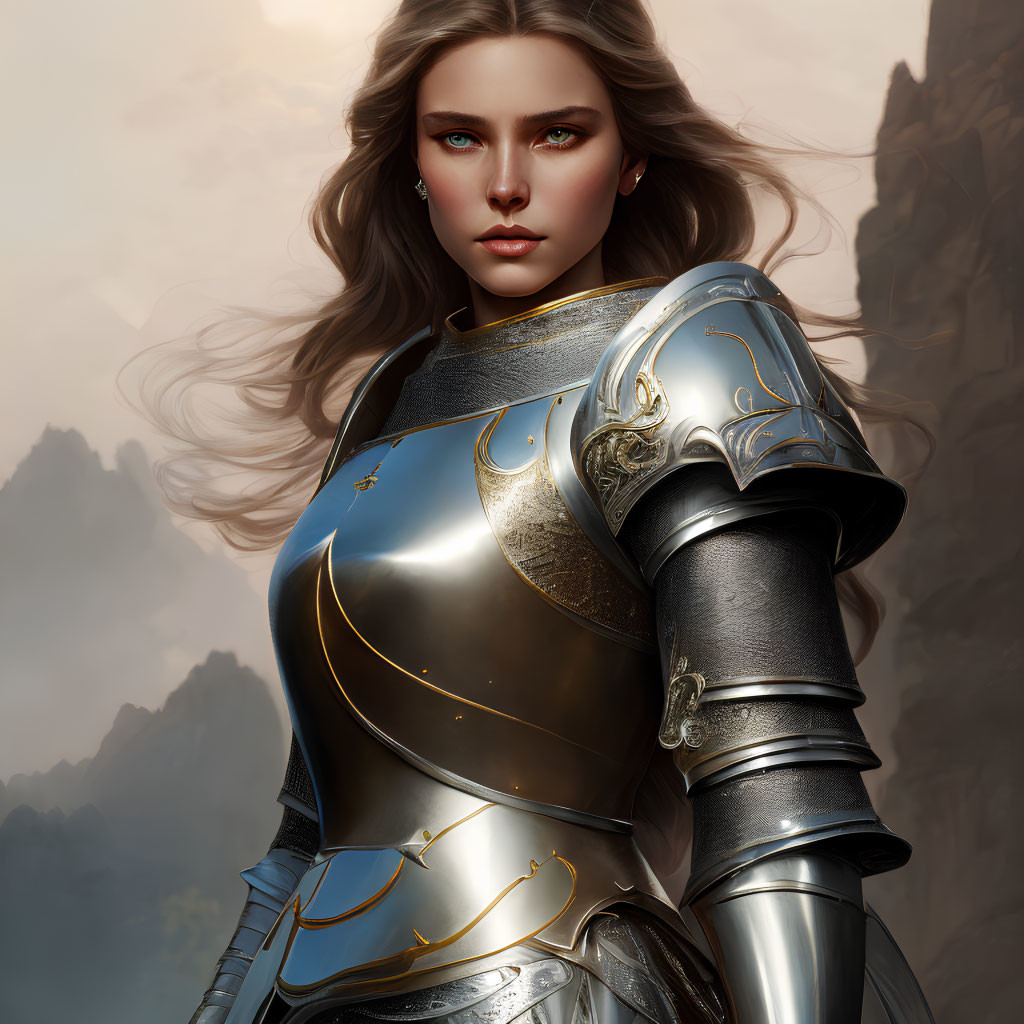 Female warrior in silver and gold armor with green eyes and blonde hair in misty setting