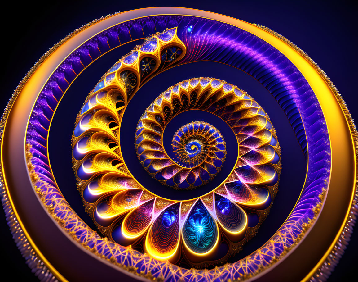 Colorful 3D fractal image with spiraling pattern in yellow and blue