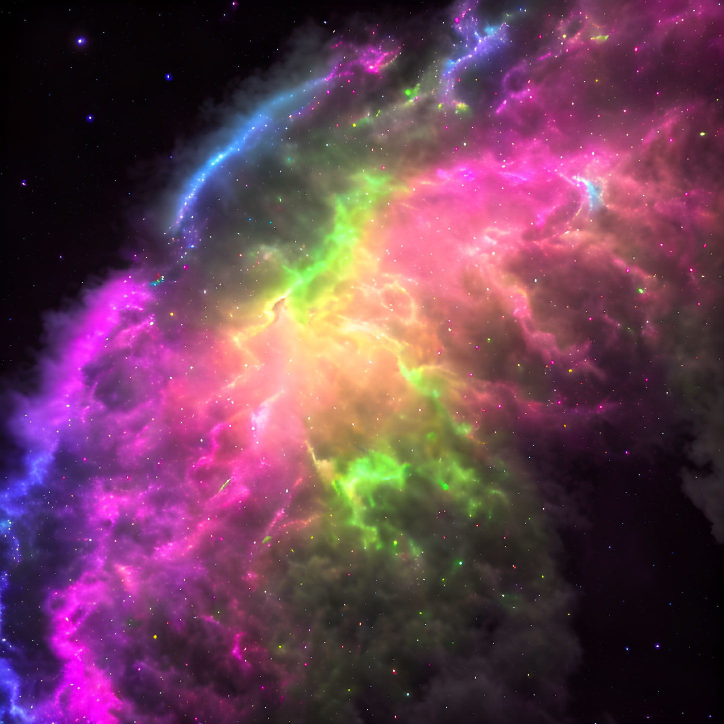 Colorful swirling cosmic nebula in pink, purple, green, and blue hues