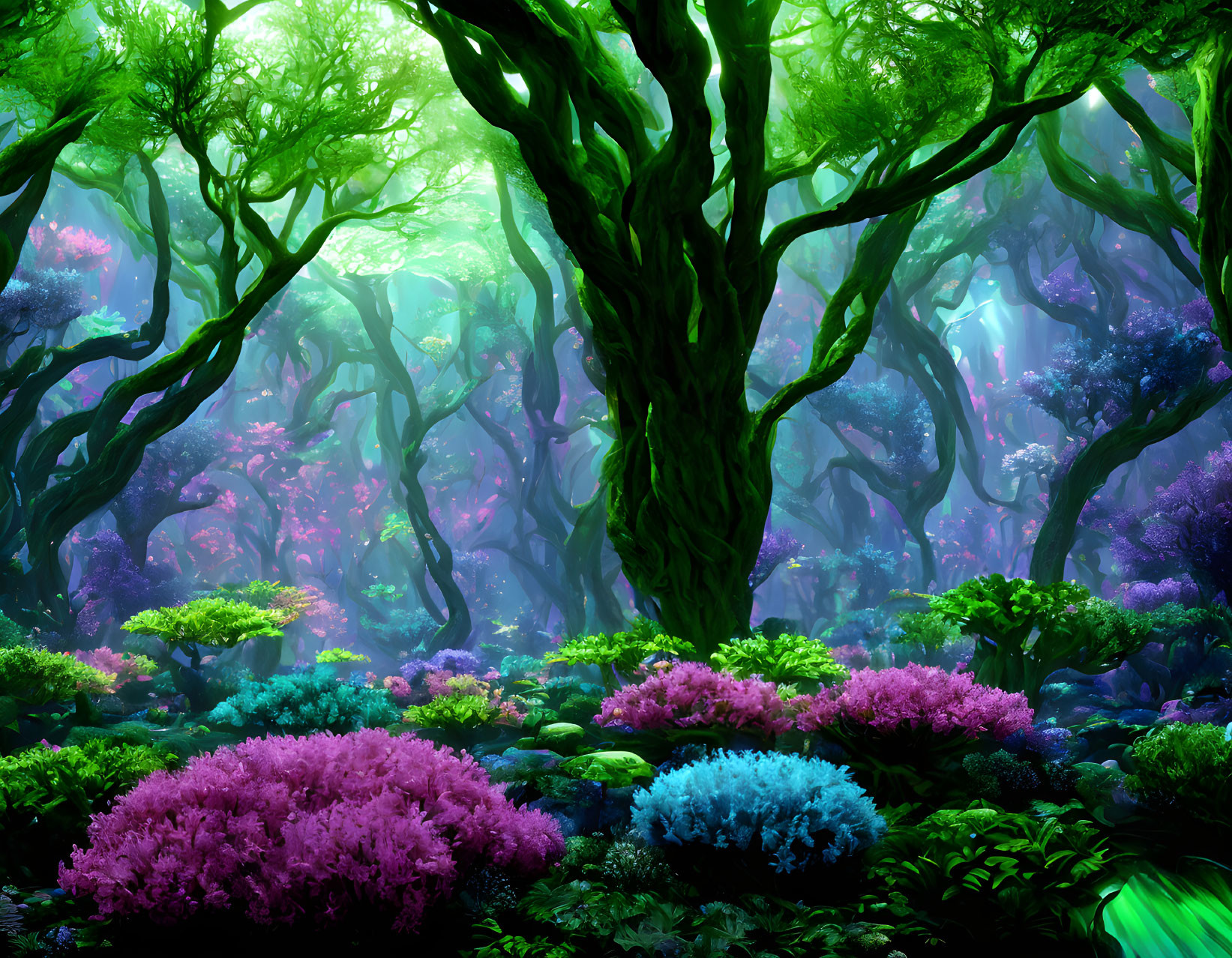 Vibrant forest with twisted green trees and colorful foliage under magical light