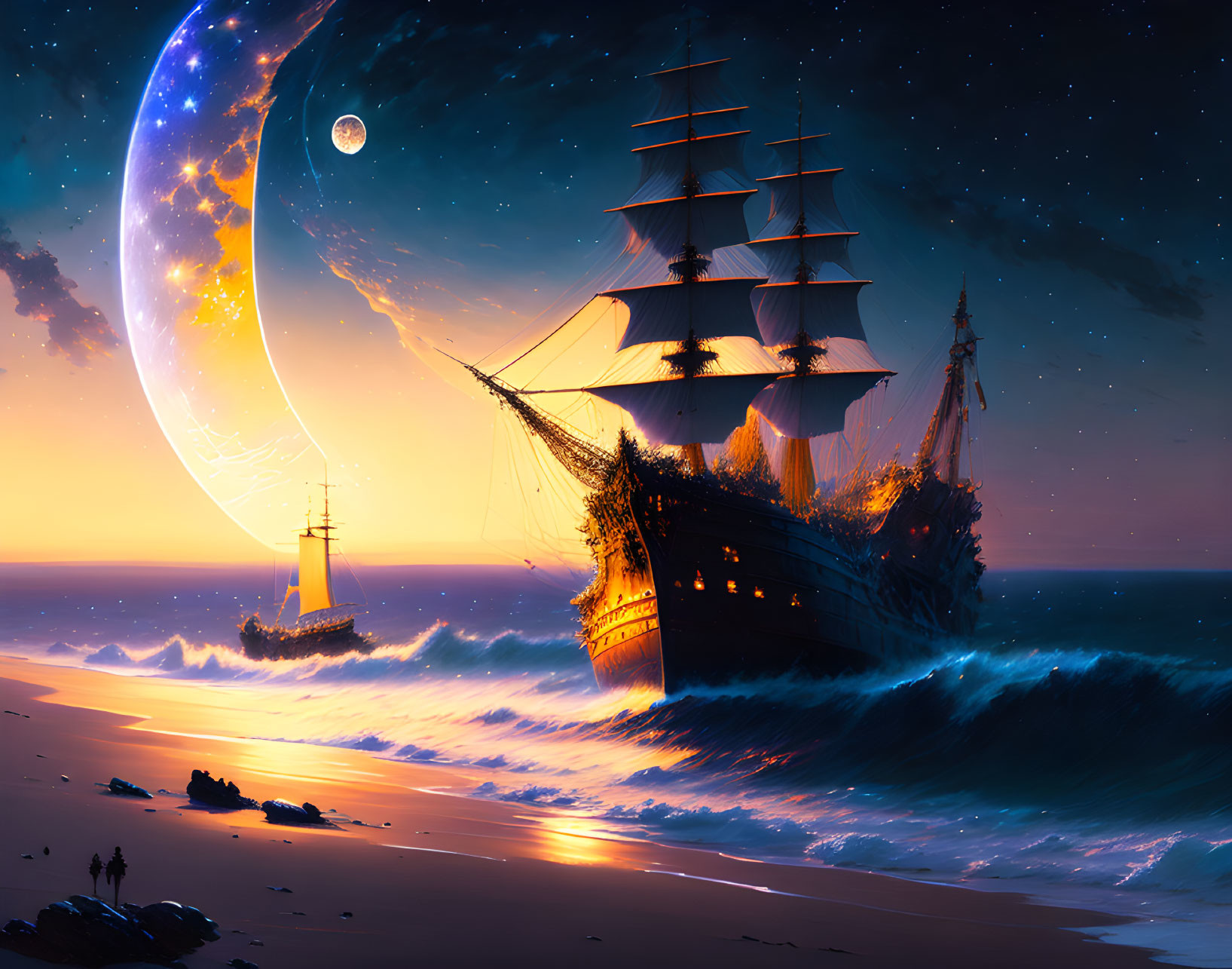 Sailing ship on moonlit ocean near beach with crescent moon and stars
