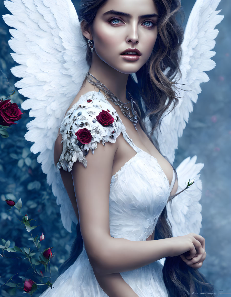 Woman with angel wings and blue eyes in white dress with red roses on blue floral backdrop