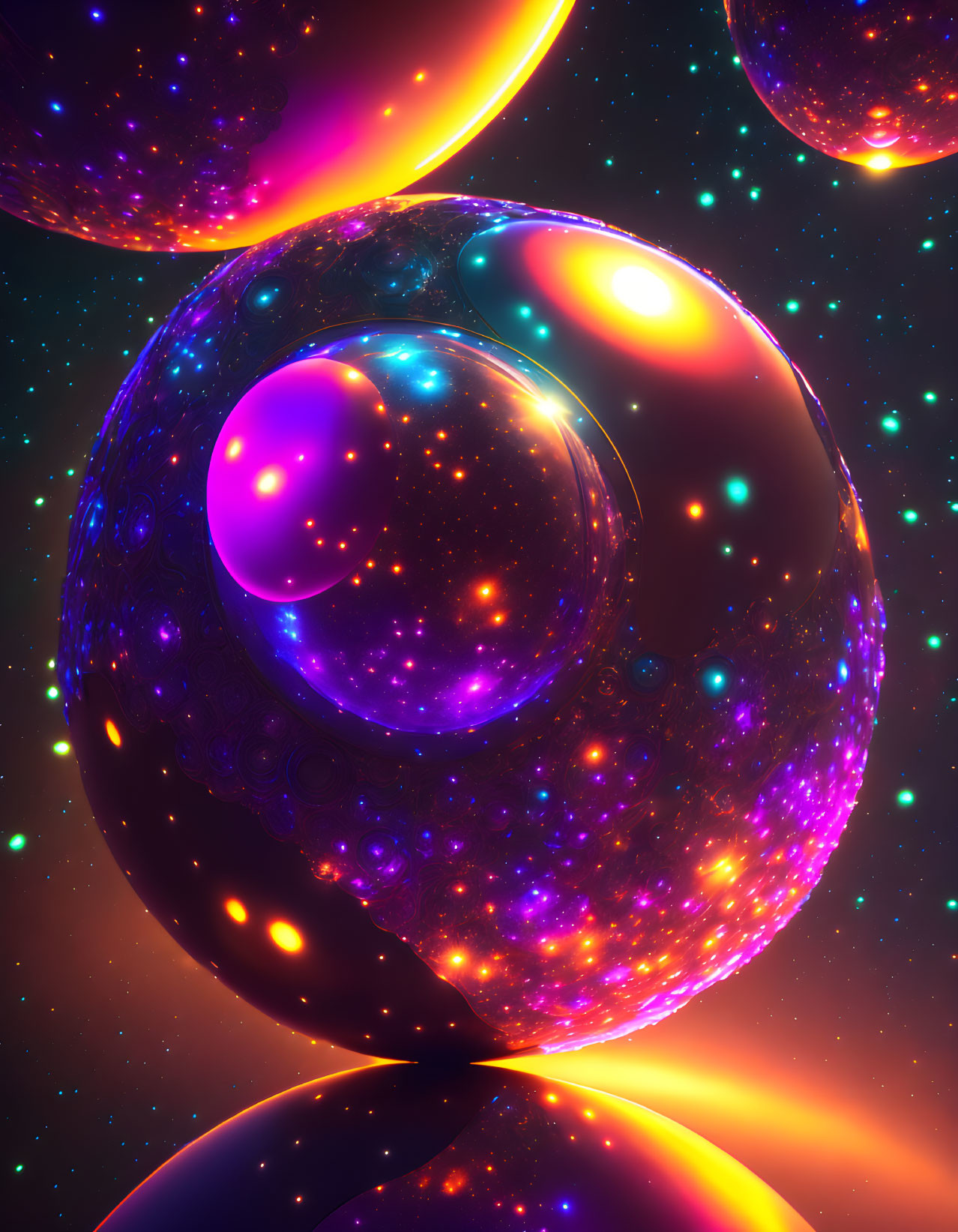 Vibrant Cosmic Spheres in Orange and Purple Space Background
