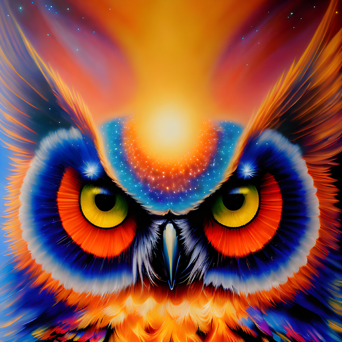 Colorful Cosmic Owl Illustration with Fiery Forehead Glow