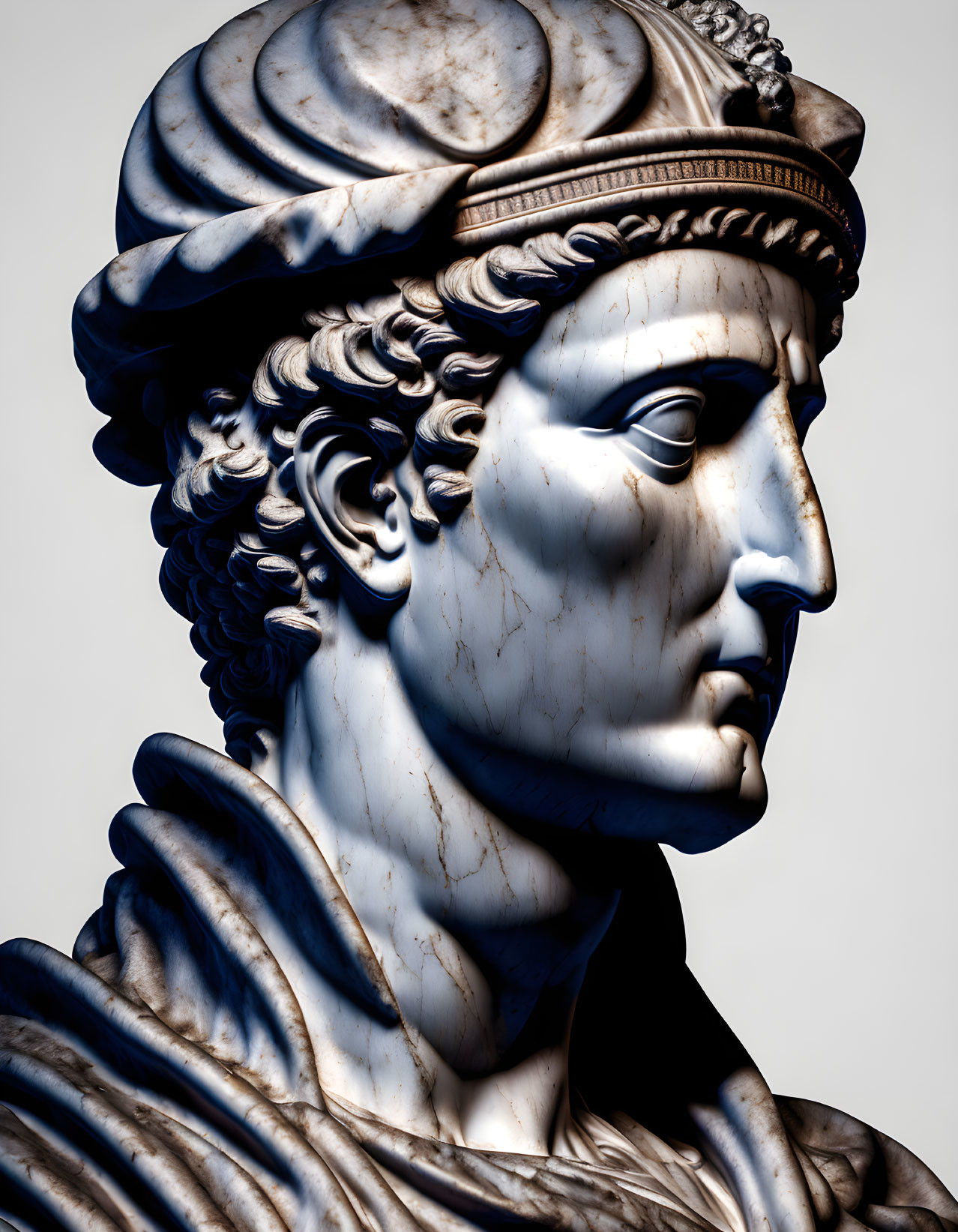 Classical statue profile with wavy hair and laurel wreath on plain background