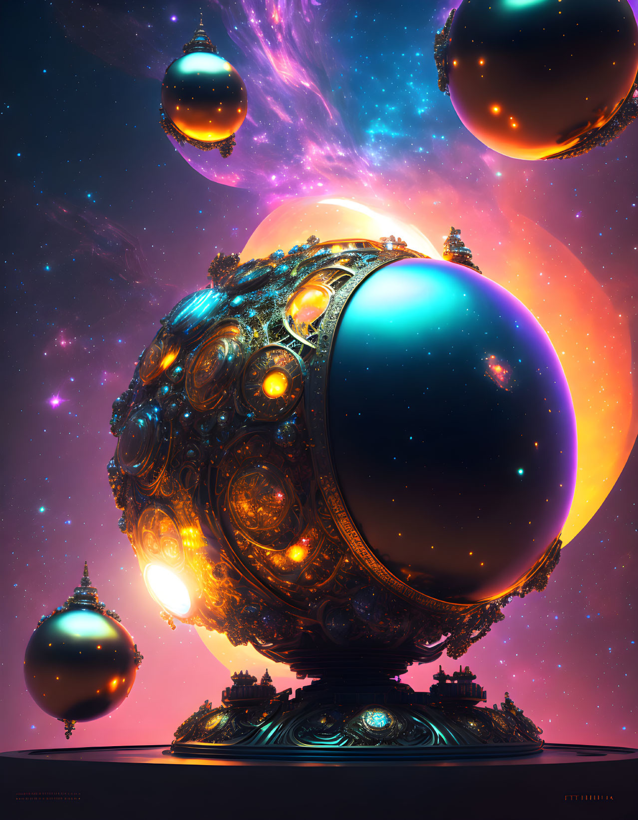 Colorful Sci-Fi Image: Large Glowing Sphere Amidst Cosmic Setting