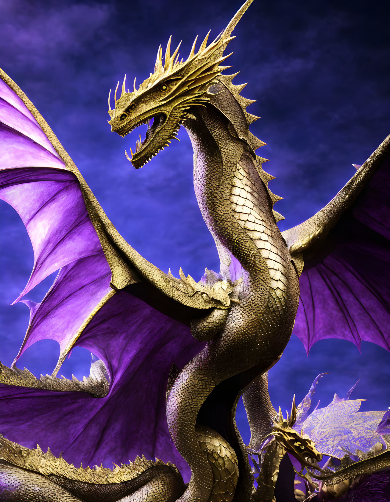 Golden dragon with purple wings in blue sky