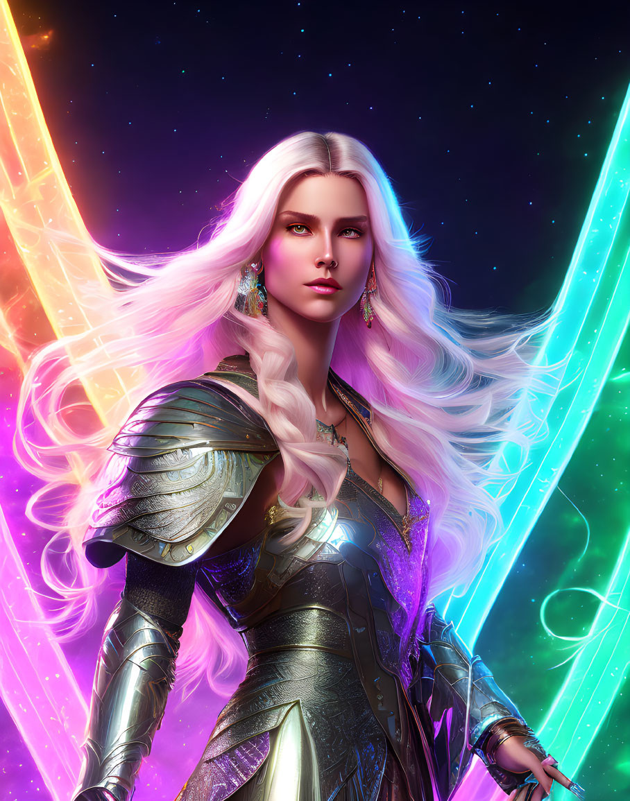 Blonde woman in silver fantasy armor on neon background