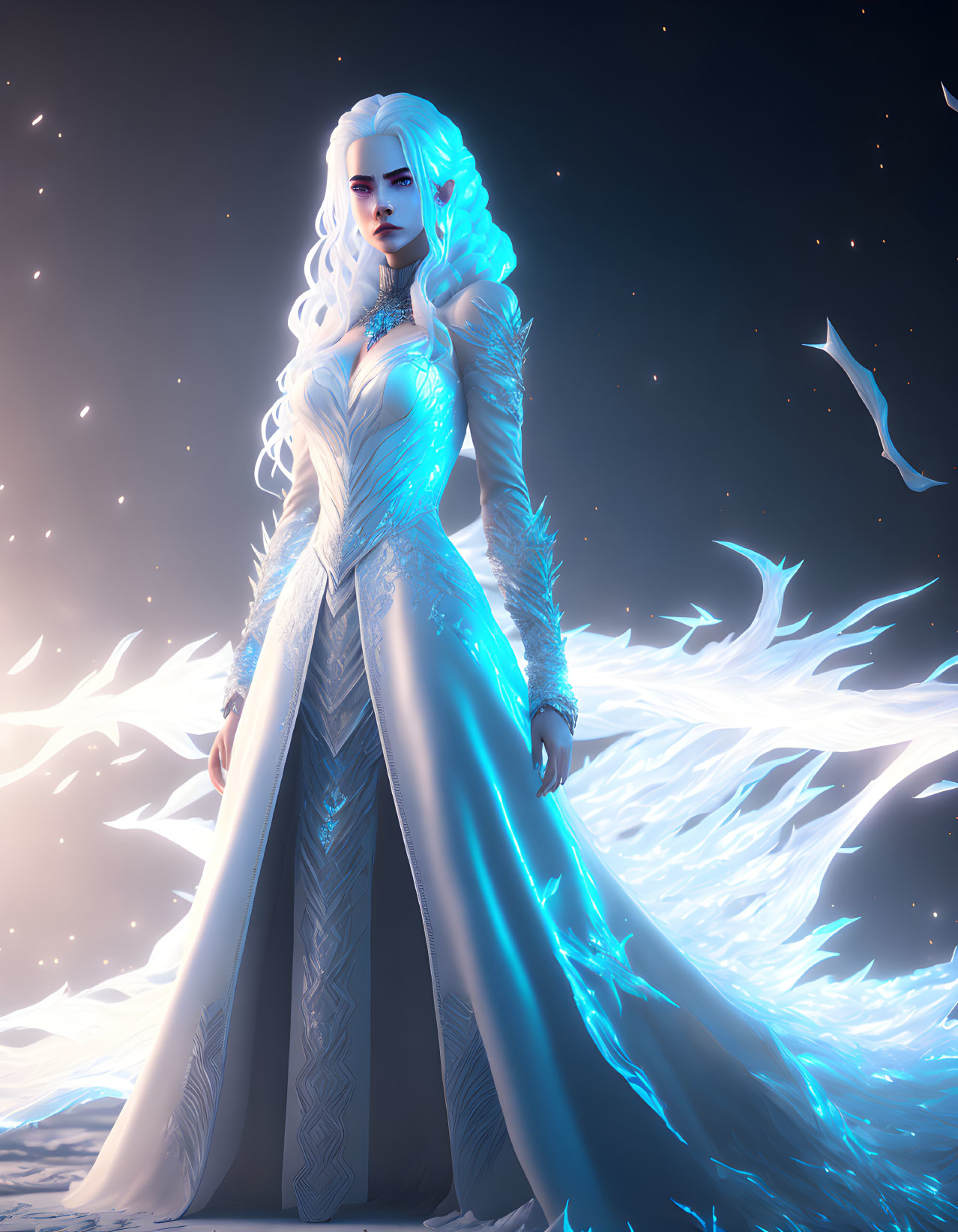 Mystical woman in white hair and ice-blue attire in snowy landscape