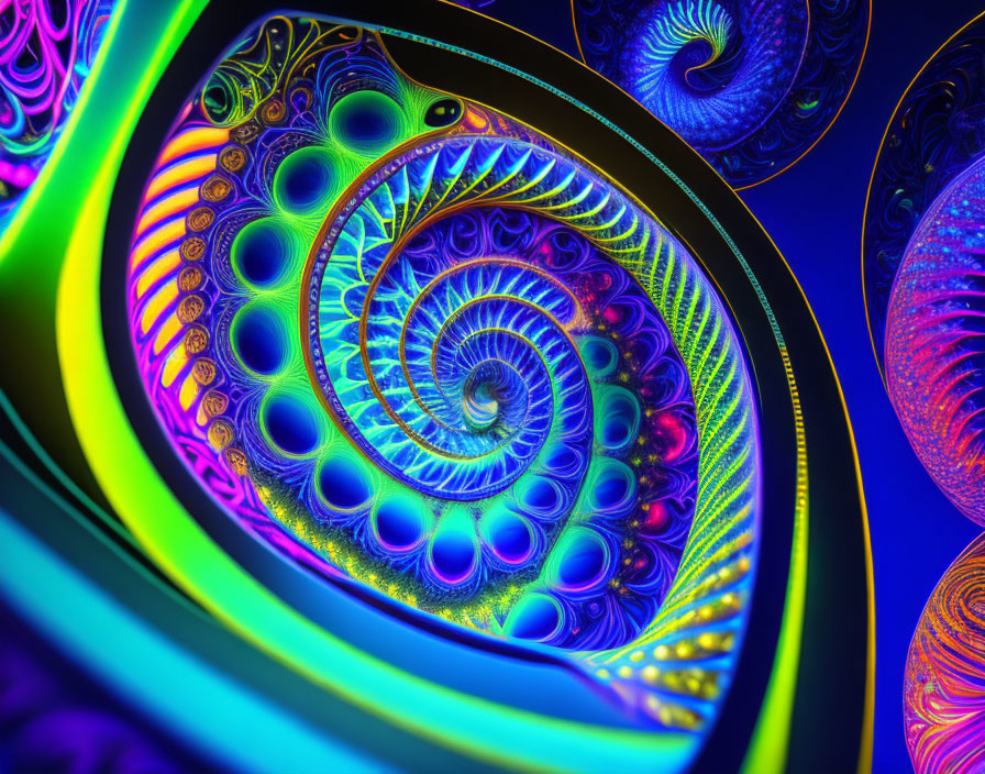 Neon-colored fractal spiral with intricate patterns on dark background