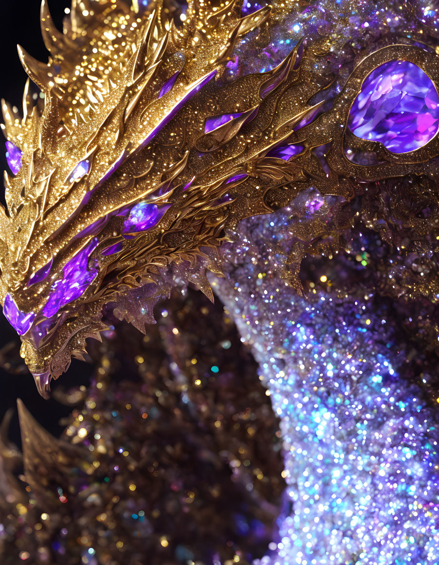 Golden Dragon with Purple Gemstone Eyes and Glittering Scales