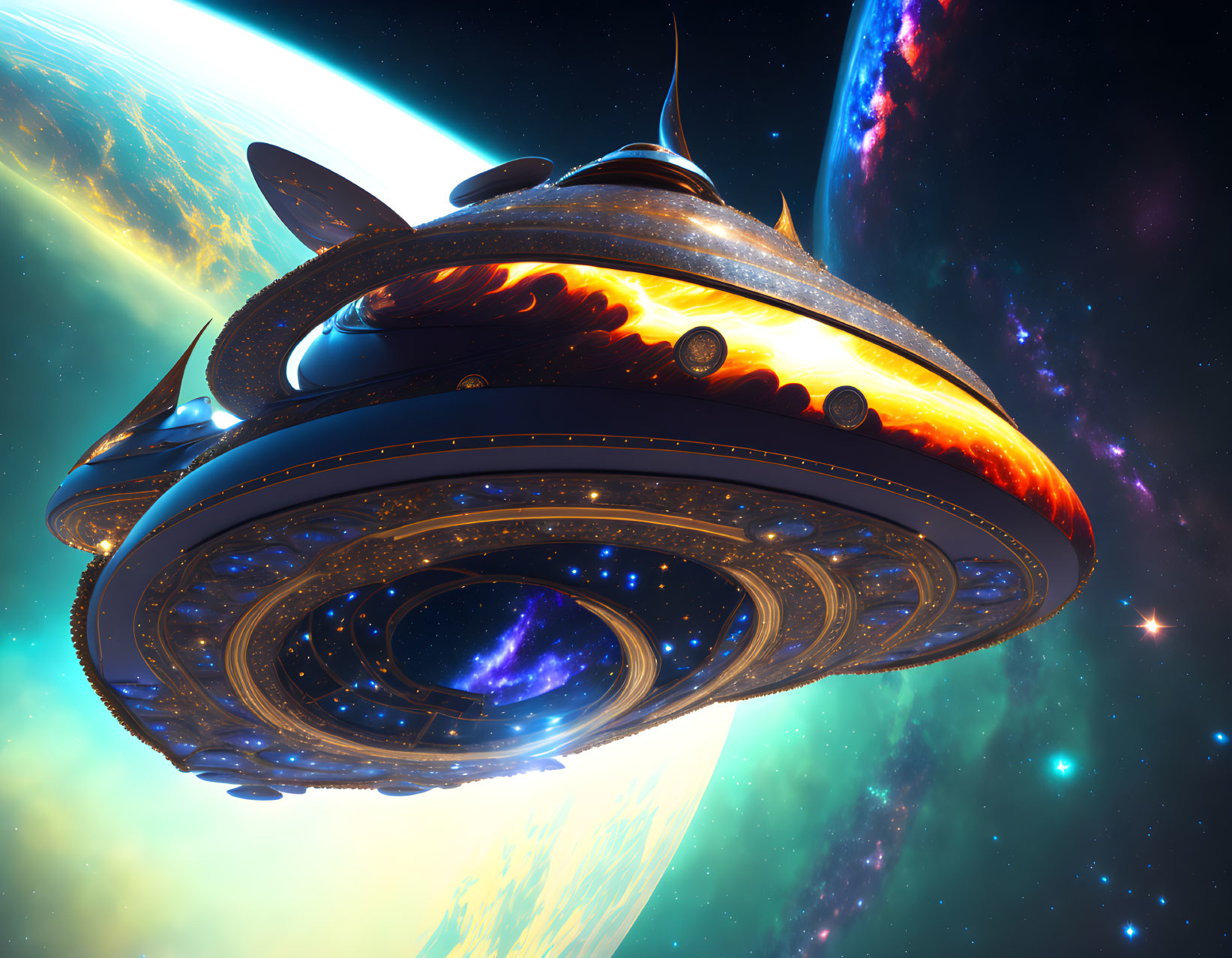 Elaborate futuristic spaceship in vibrant cosmic scene