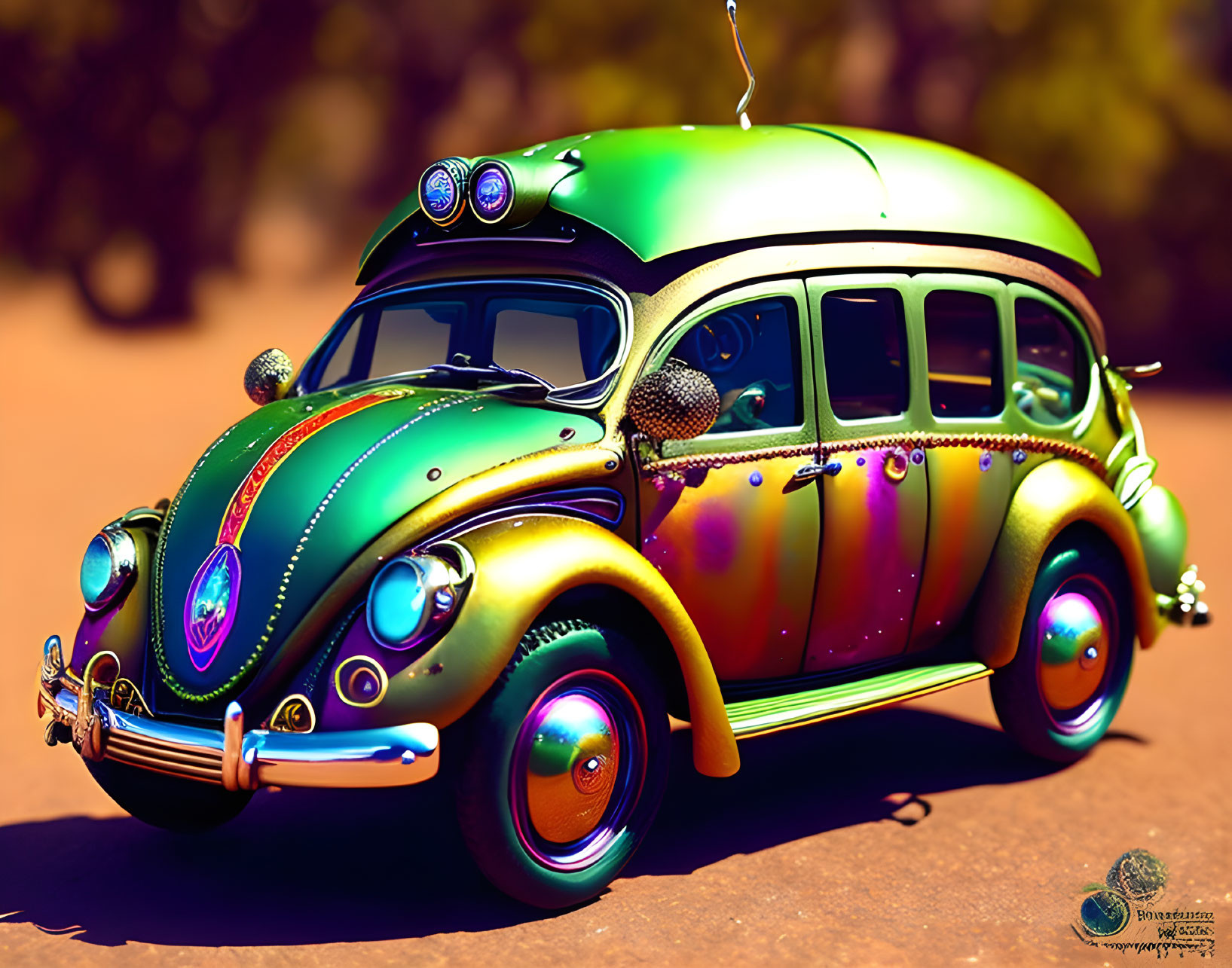 Custom Volkswagen Beetle with Psychedelic Paintwork and Additional Lights