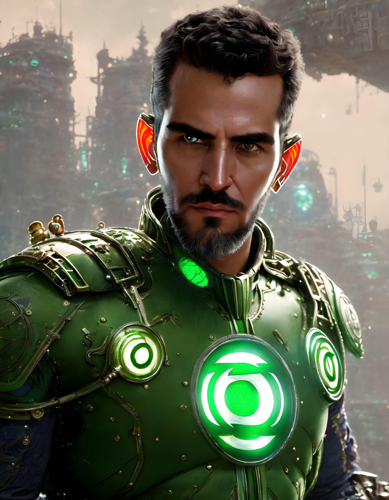 Bearded man in futuristic green armor with circular emblem against industrial backdrop