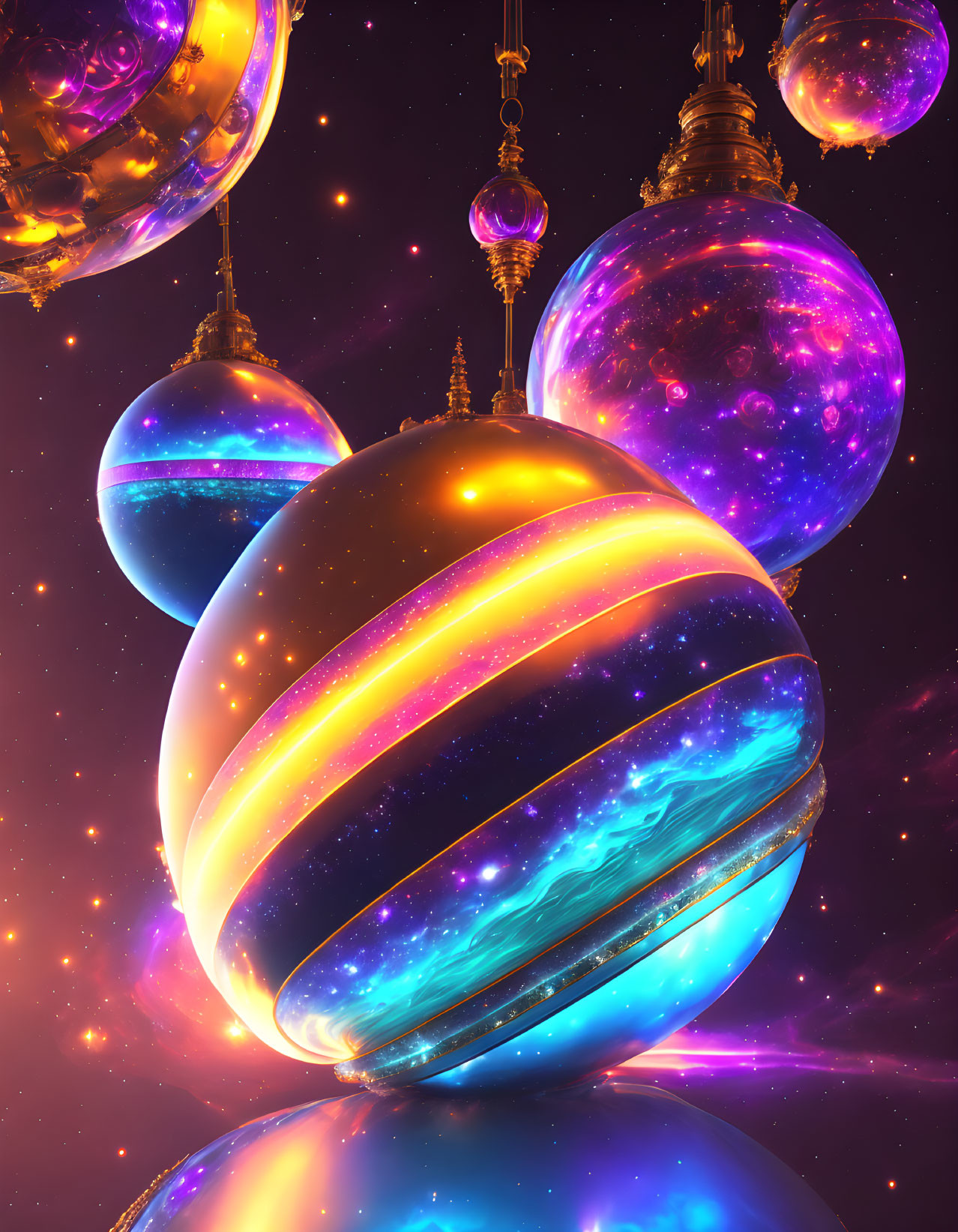 Celestial spheres digital art with glowing stripes and intricate ornaments