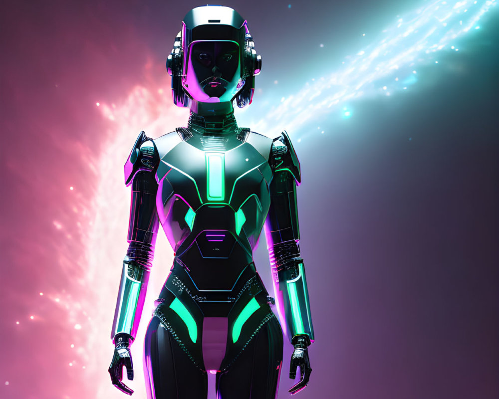 Futuristic humanoid robot on pink and purple background with neon lights