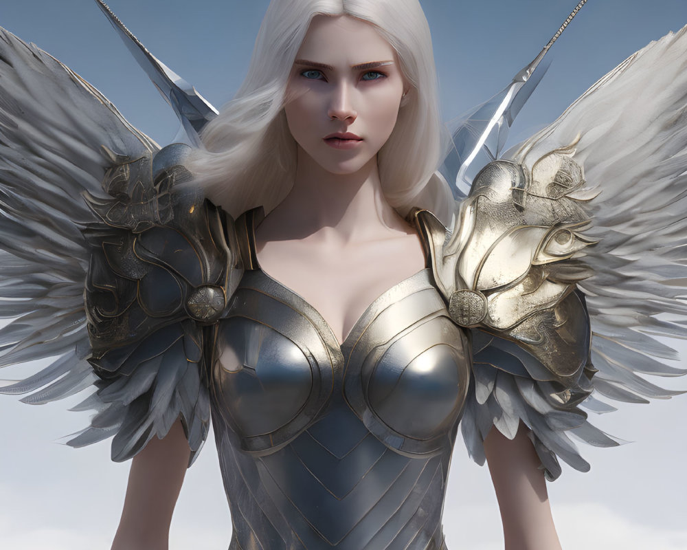Digital artwork: Woman with white hair, blue eyes, silver and gold armor, intricate designs, majestic