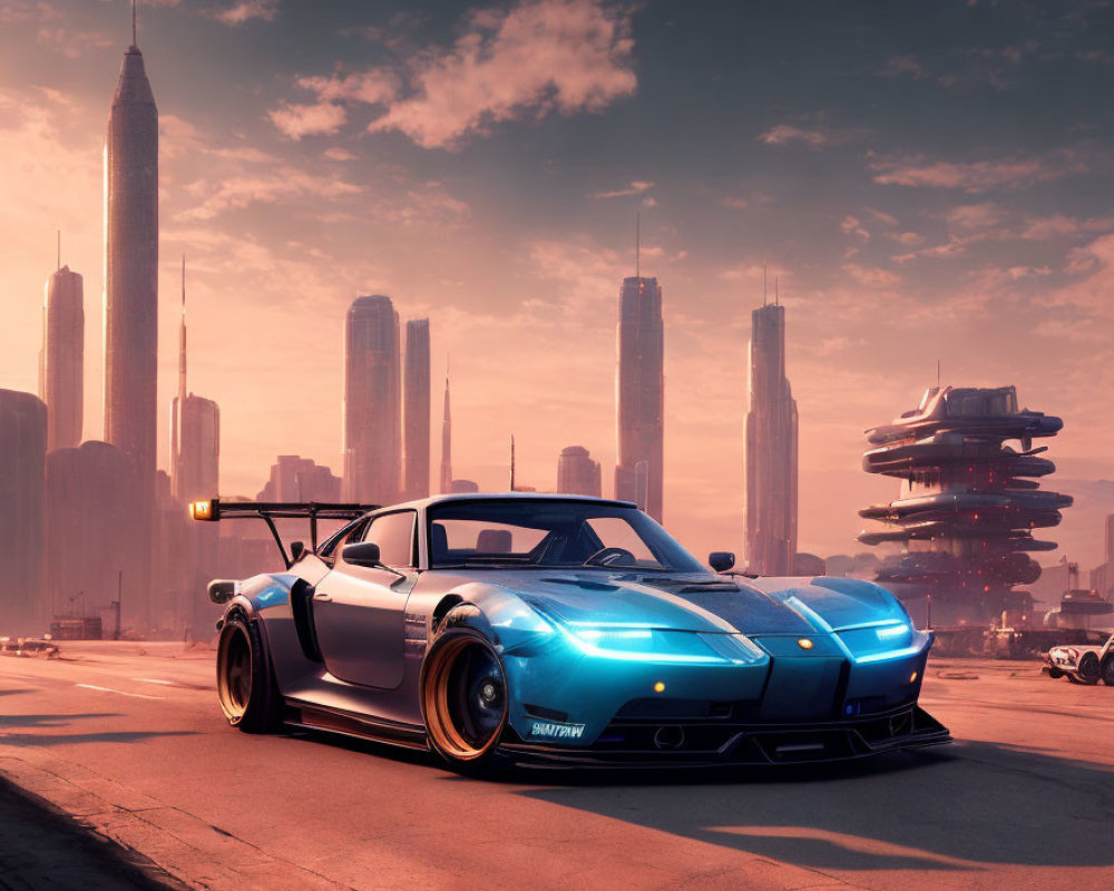 Sleek sports car with large rear wing and racing stripes in front of futuristic cityscape