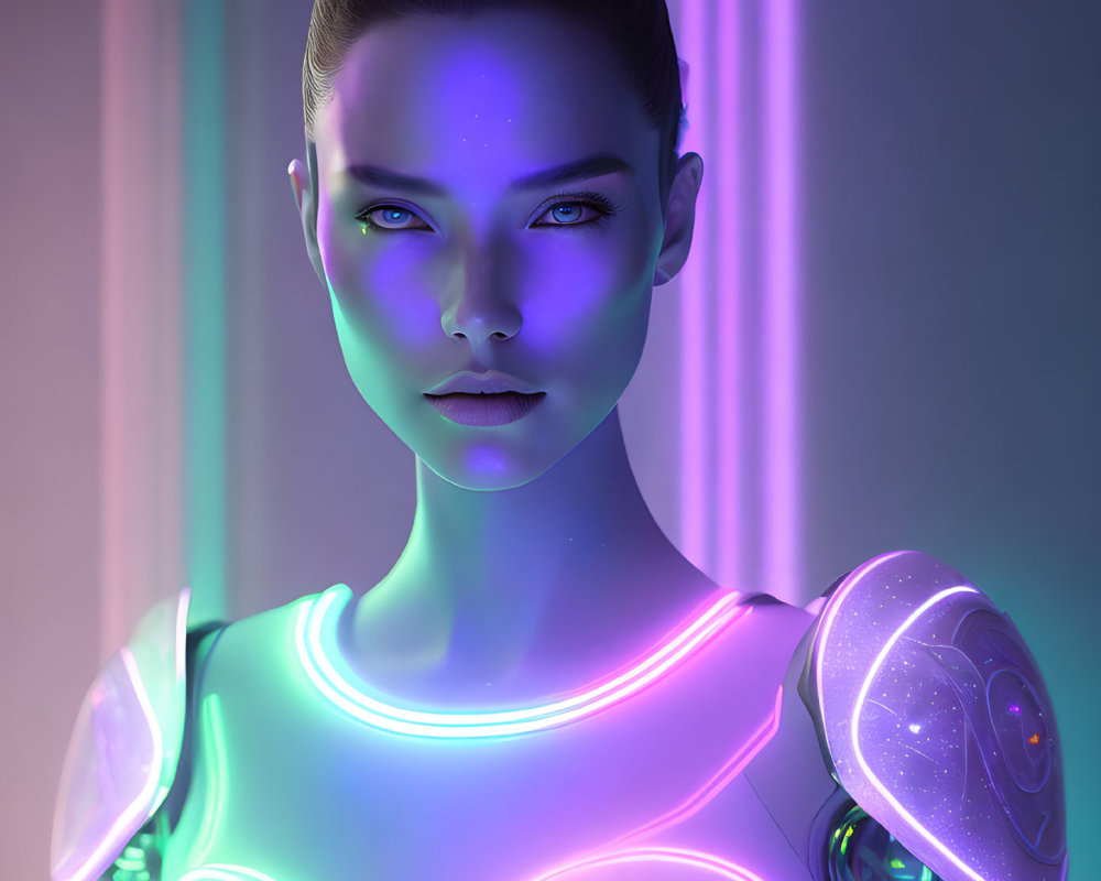 Futuristic female humanoid robot with neon lines in purple and pink lit room