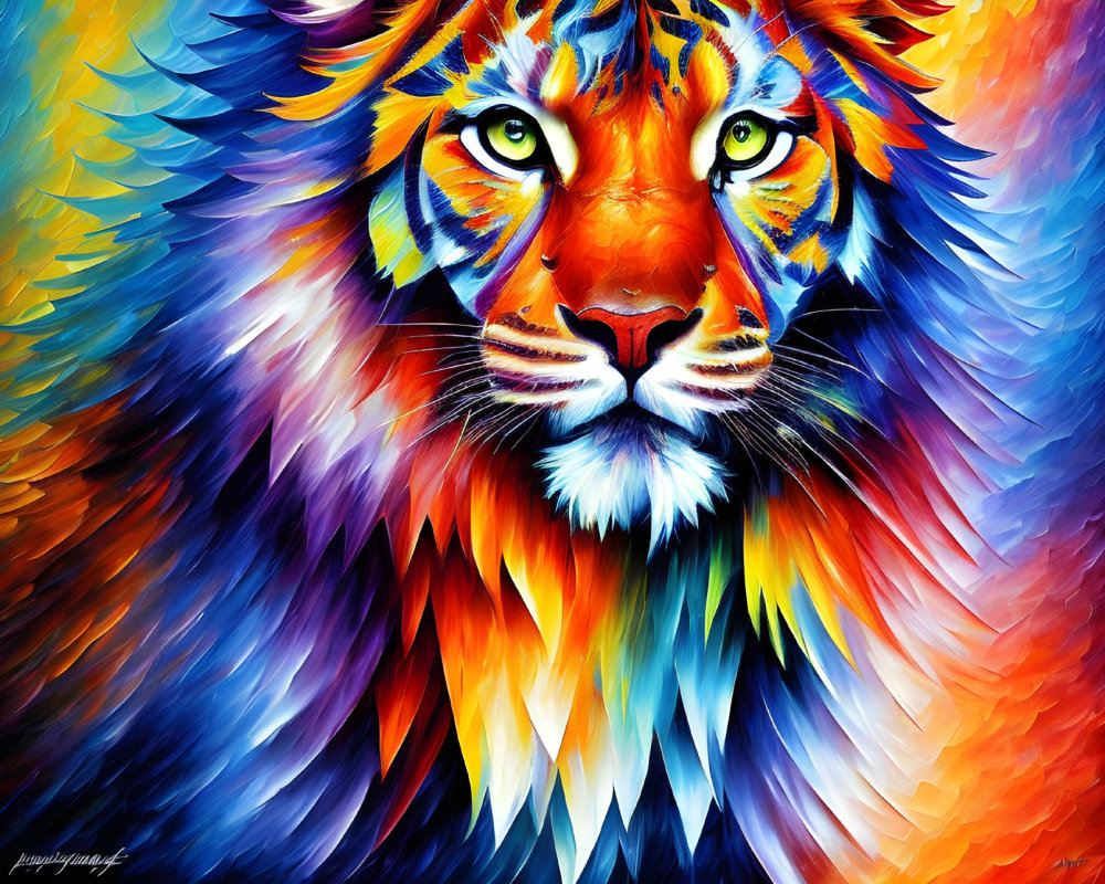Colorful Lion Face Painting with Fiery Red, Blue, Orange, and Yellow Palette