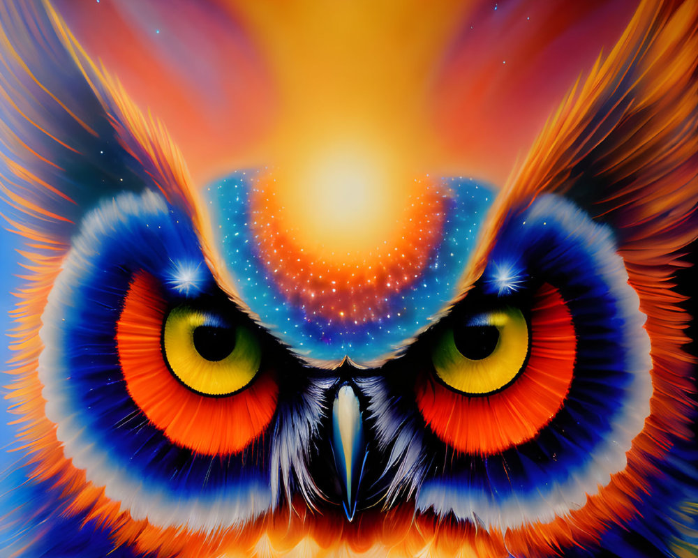 Colorful Cosmic Owl Illustration with Fiery Forehead Glow