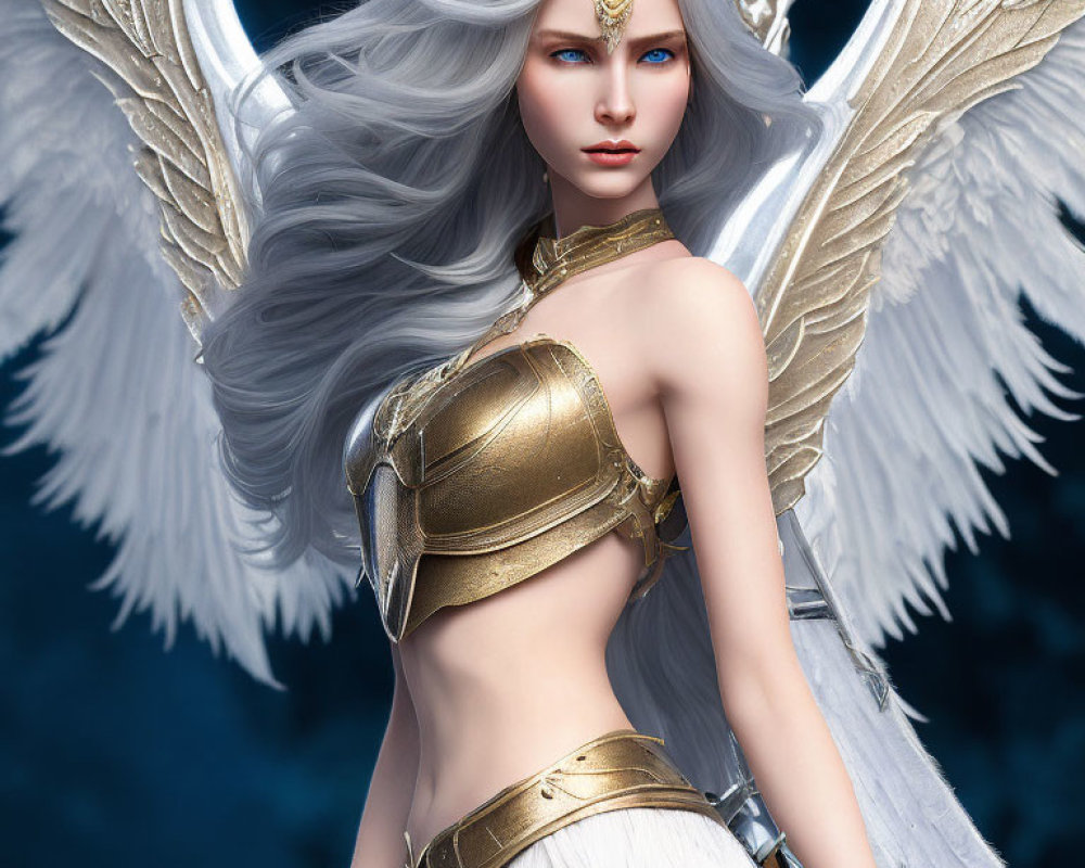 Ethereal figure with blue eyes, silver hair, golden armor, white wings on dark background