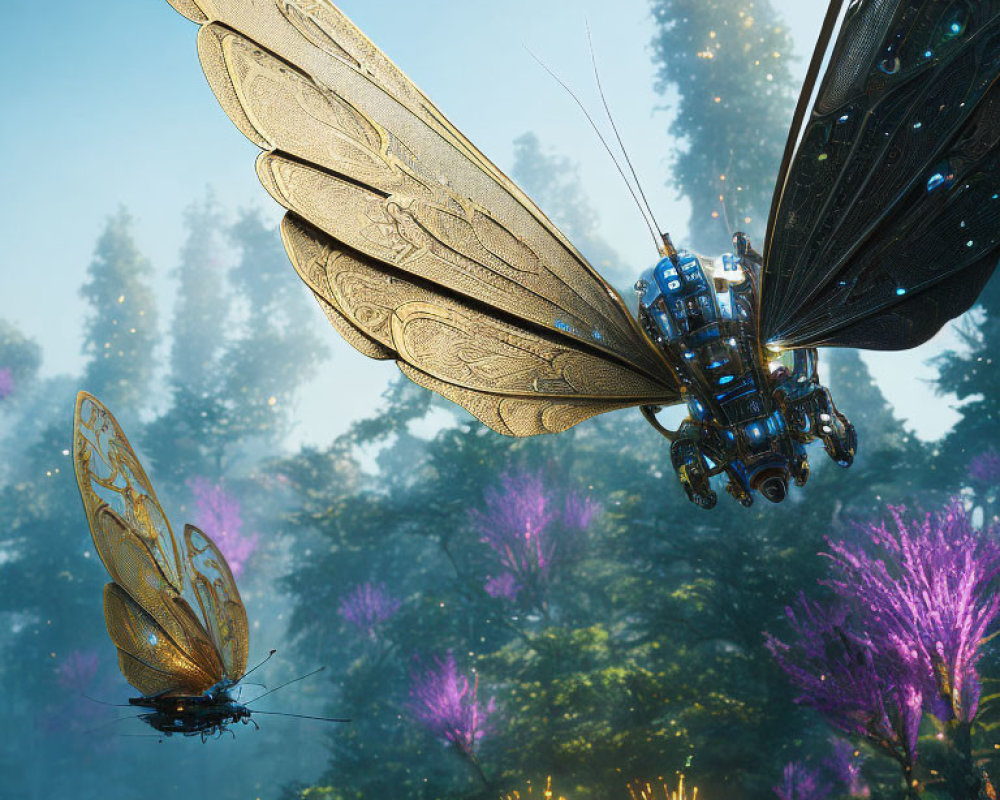 Mechanical dragonfly with intricate wings in vibrant forest.
