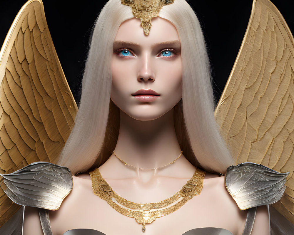 Fantasy artwork featuring woman with gold winged shoulders, crown, and white hair