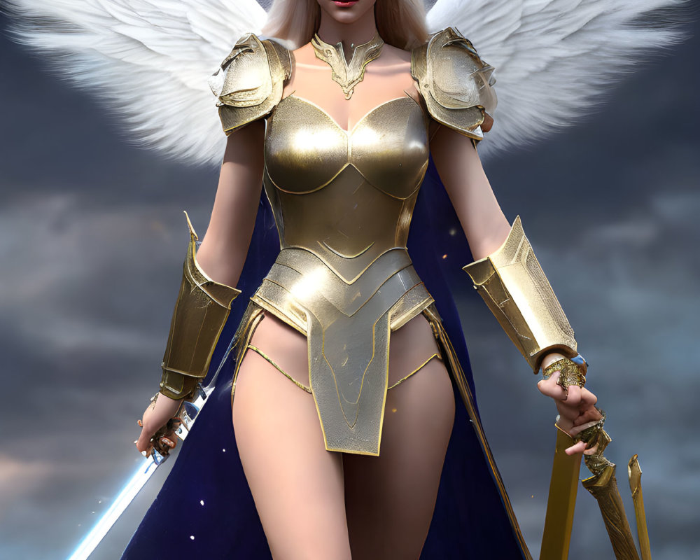 Female angelic warrior with white wings and golden armor under stormy sky