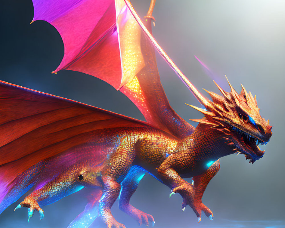 Majestic dragon with iridescent scales and expansive wings in mystical blue light