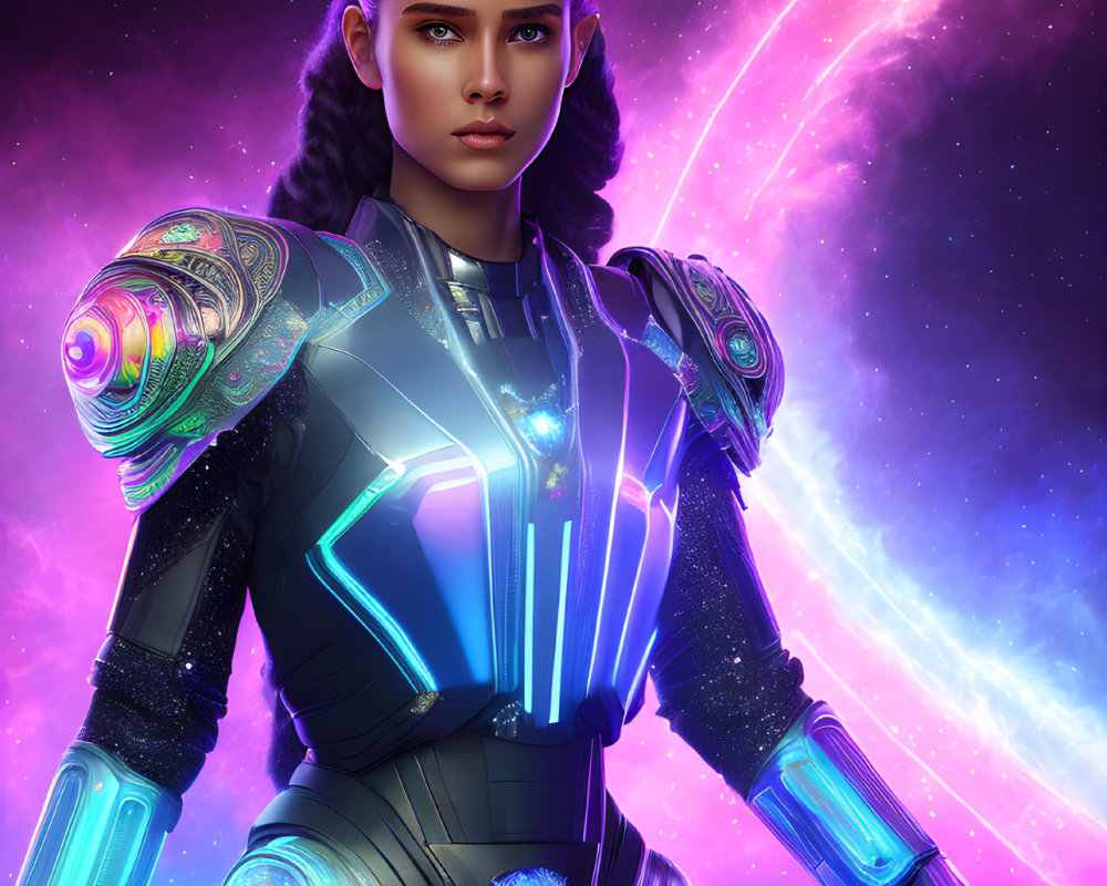 Female Sci-Fi Warrior with Braided Hair in Illuminated Armor against Cosmic Nebulas