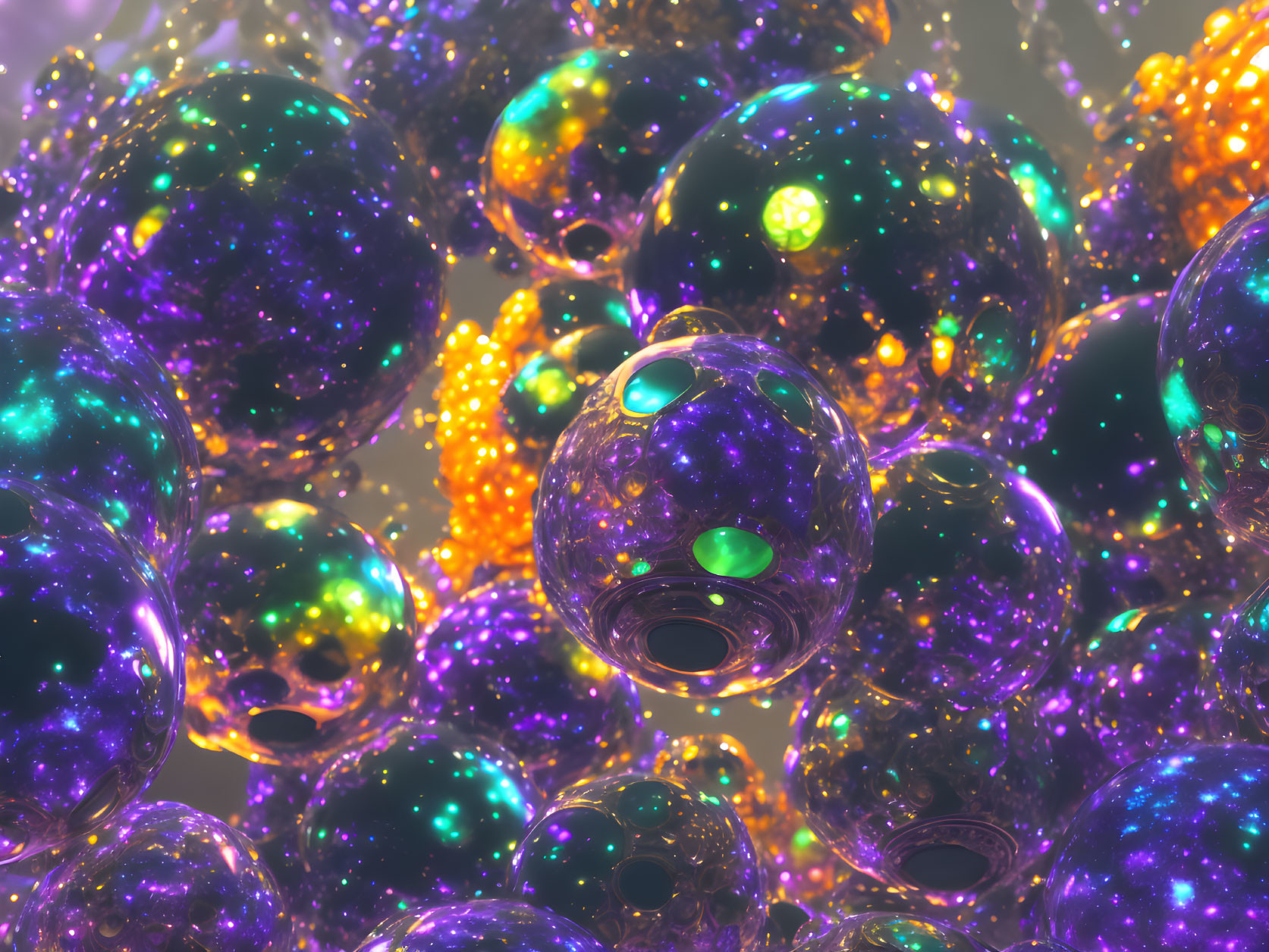 Iridescent Purple and Orange Sparkling Spheres with Intricate Textures