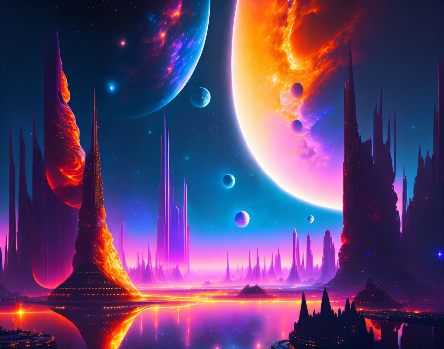 Colorful Sci-Fi Landscape with Alien Structures and Celestial Bodies
