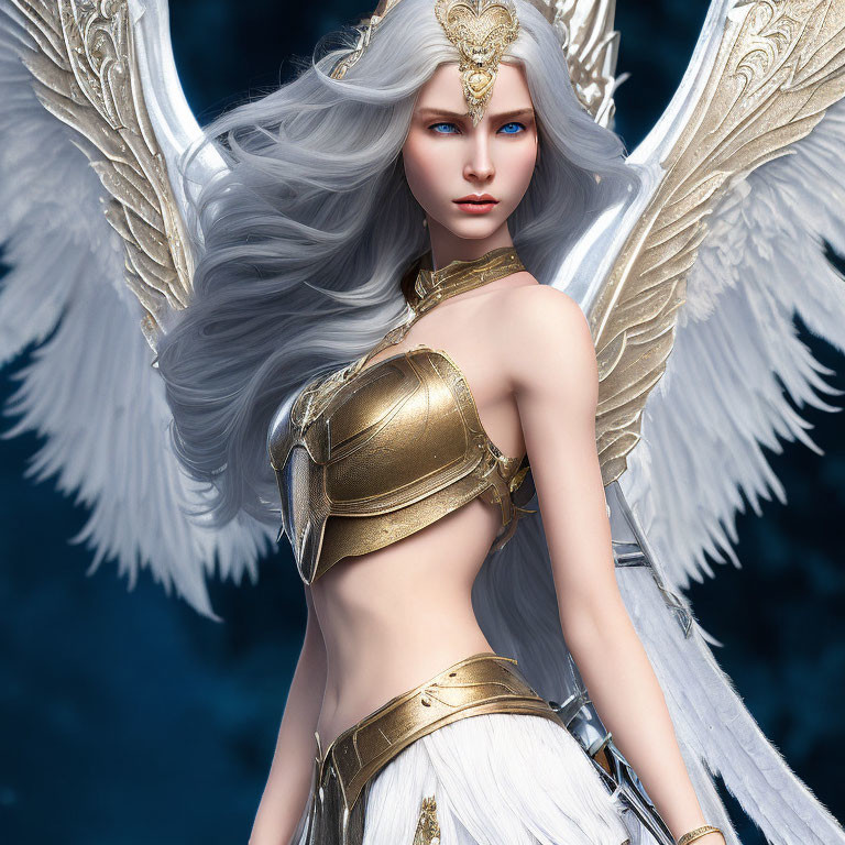 Ethereal figure with blue eyes, silver hair, golden armor, white wings on dark background