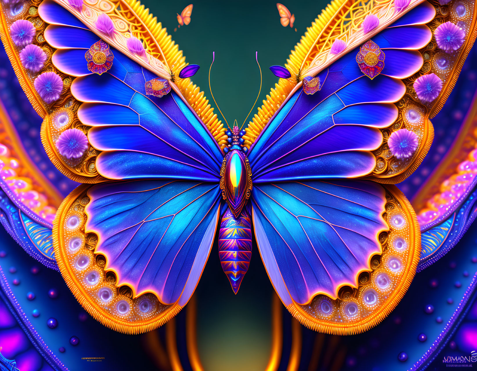 Intricate Blue and Gold Butterfly Art on Purple Background