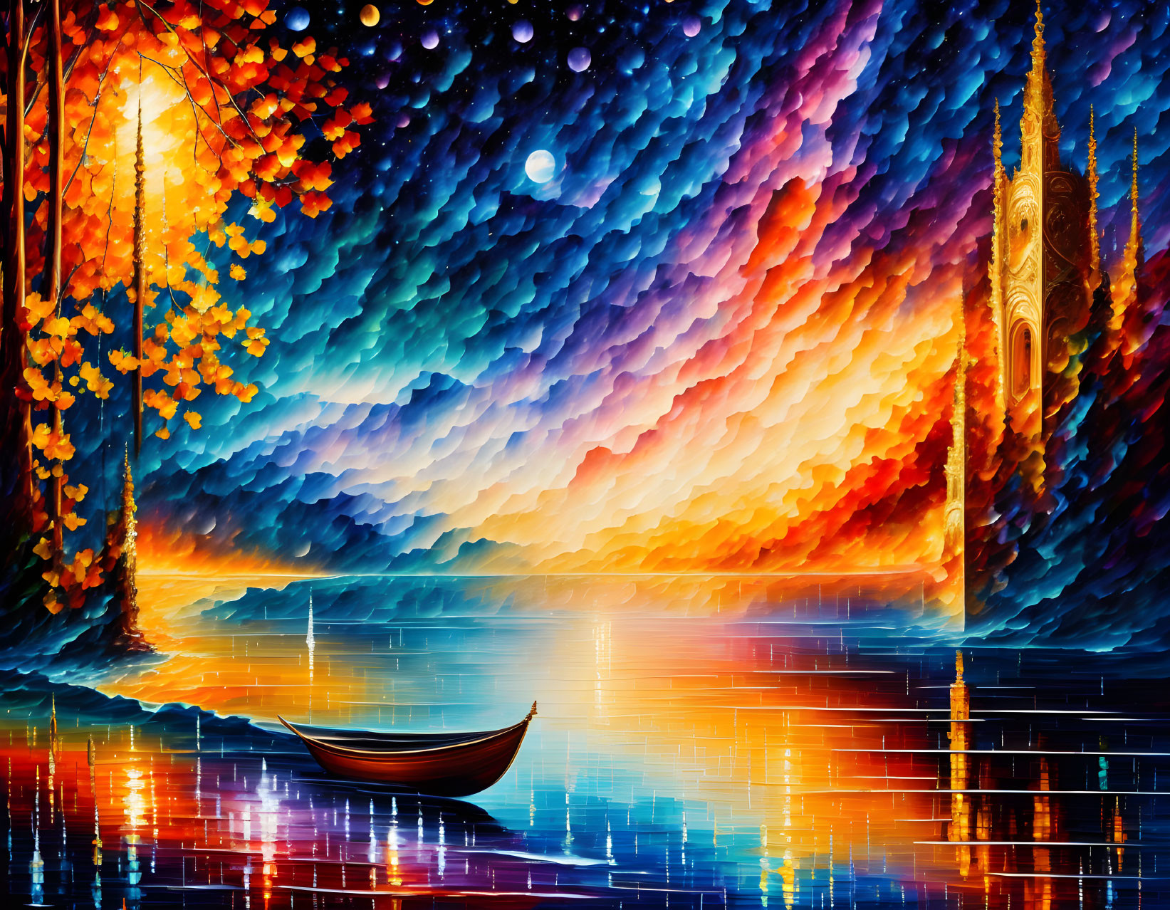 Colorful Landscape Painting: Sunset Sky, Calm Sea, Boat, Autumn Trees, Gothic Architecture