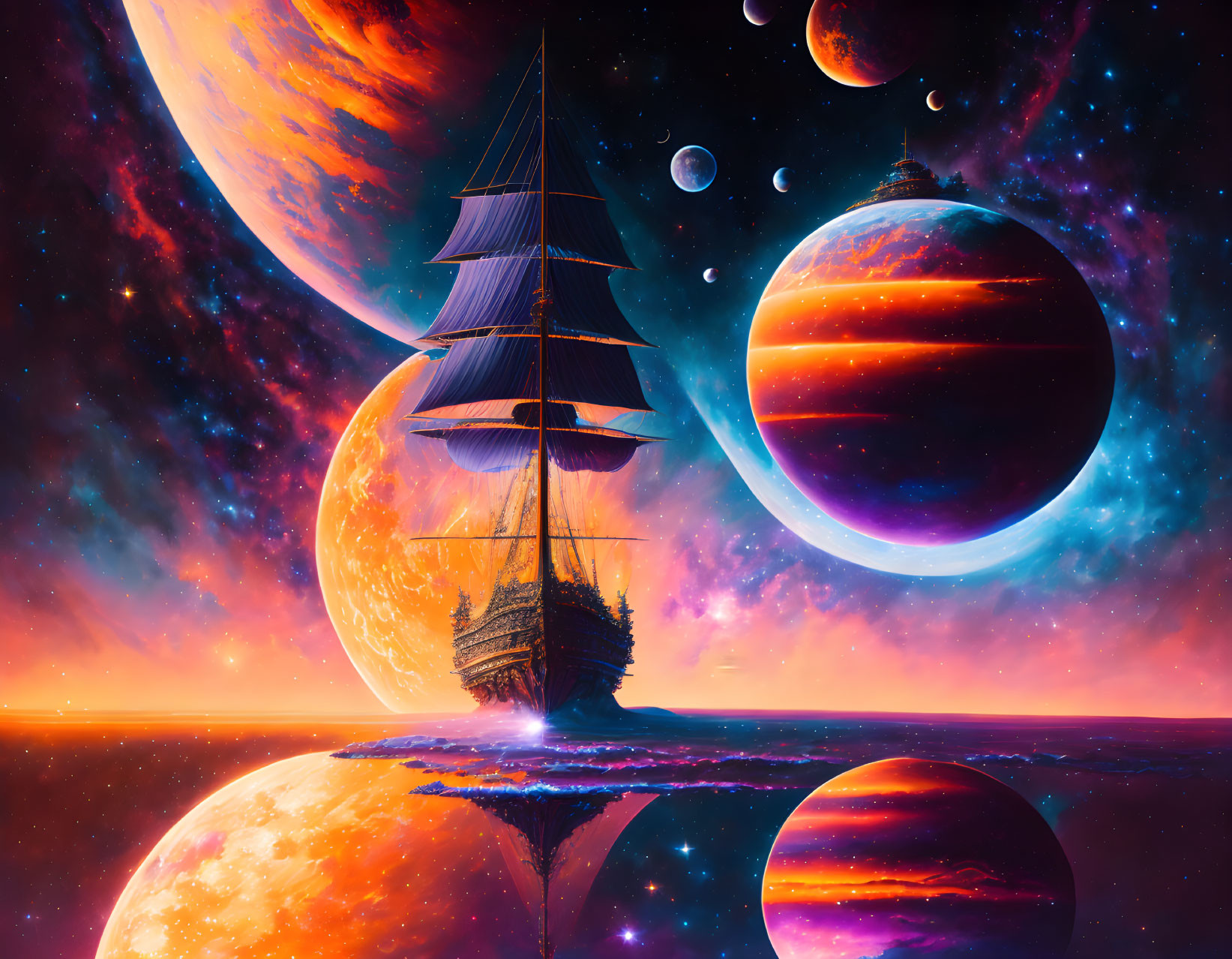 Surreal space fantasy scene with ship sailing on mirror-like surface