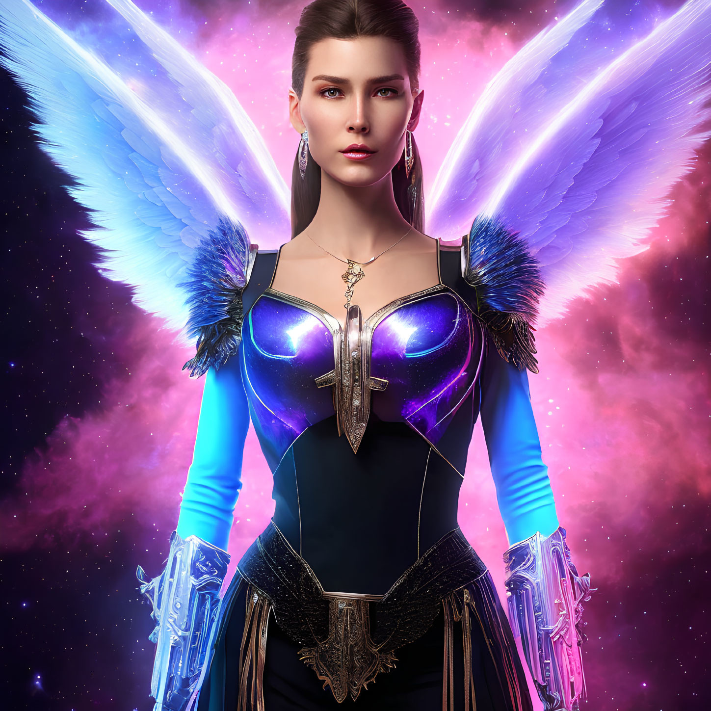 Digital artwork: Woman with pink & blue wings, futuristic armor, cross pendant, in cosmic setting