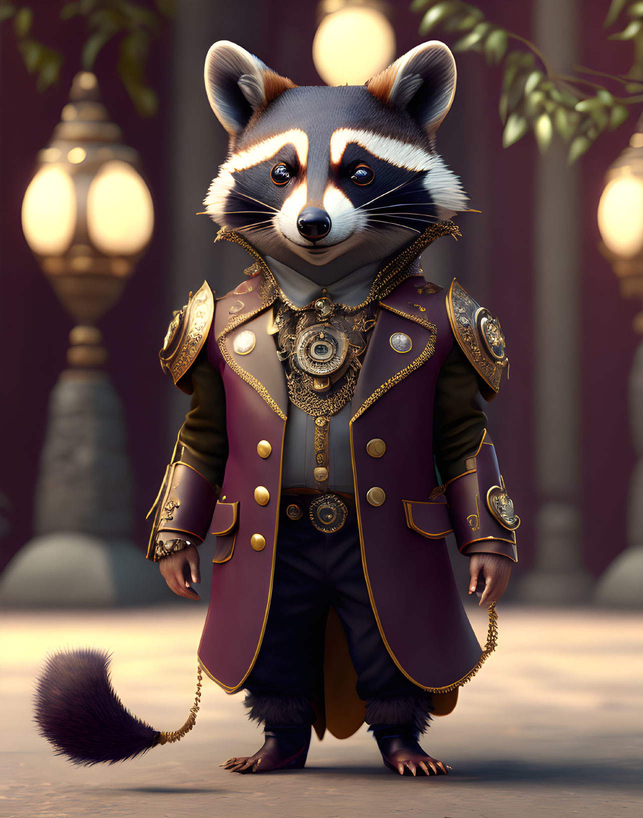 Regal anthropomorphic raccoon in military uniform on purple backdrop