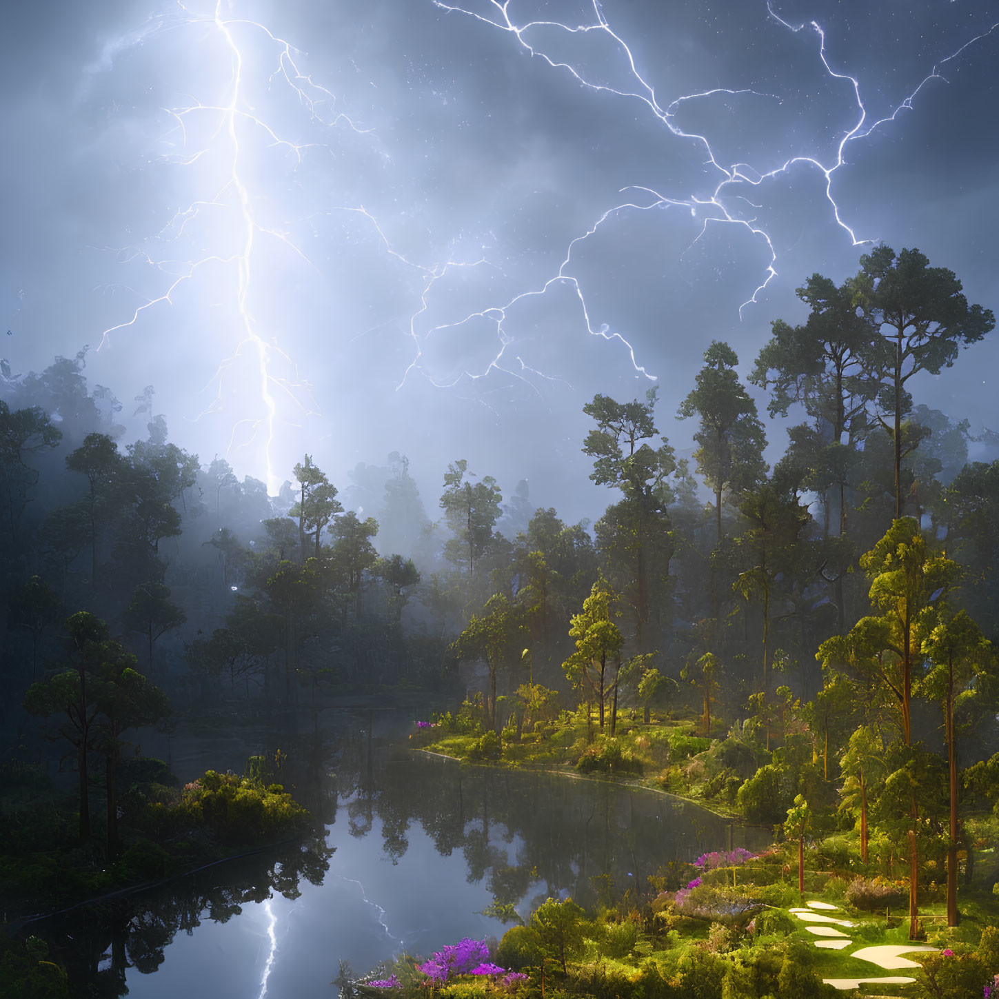 Tranquil forest lake with vibrant flora and stormy sky