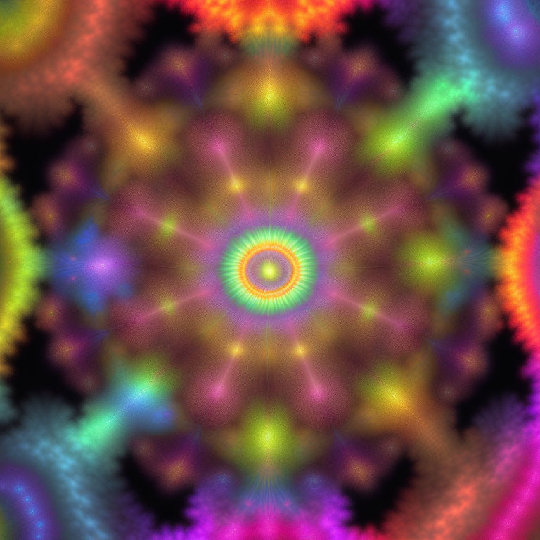 Fractal kaleidoscopic design with symmetrical patterns in vibrant colors