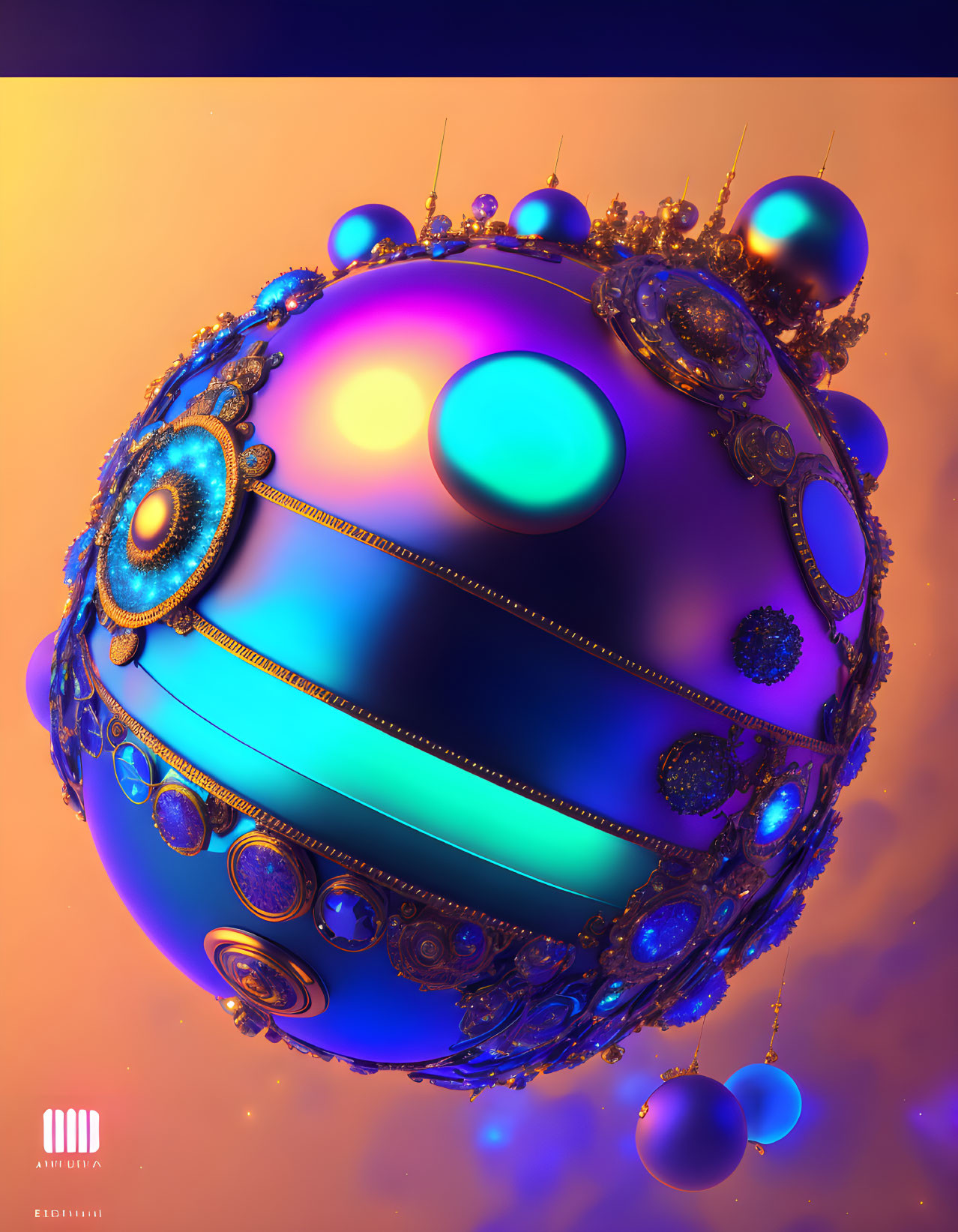 Multicolored ornate sphere with gold details on warm gradient background