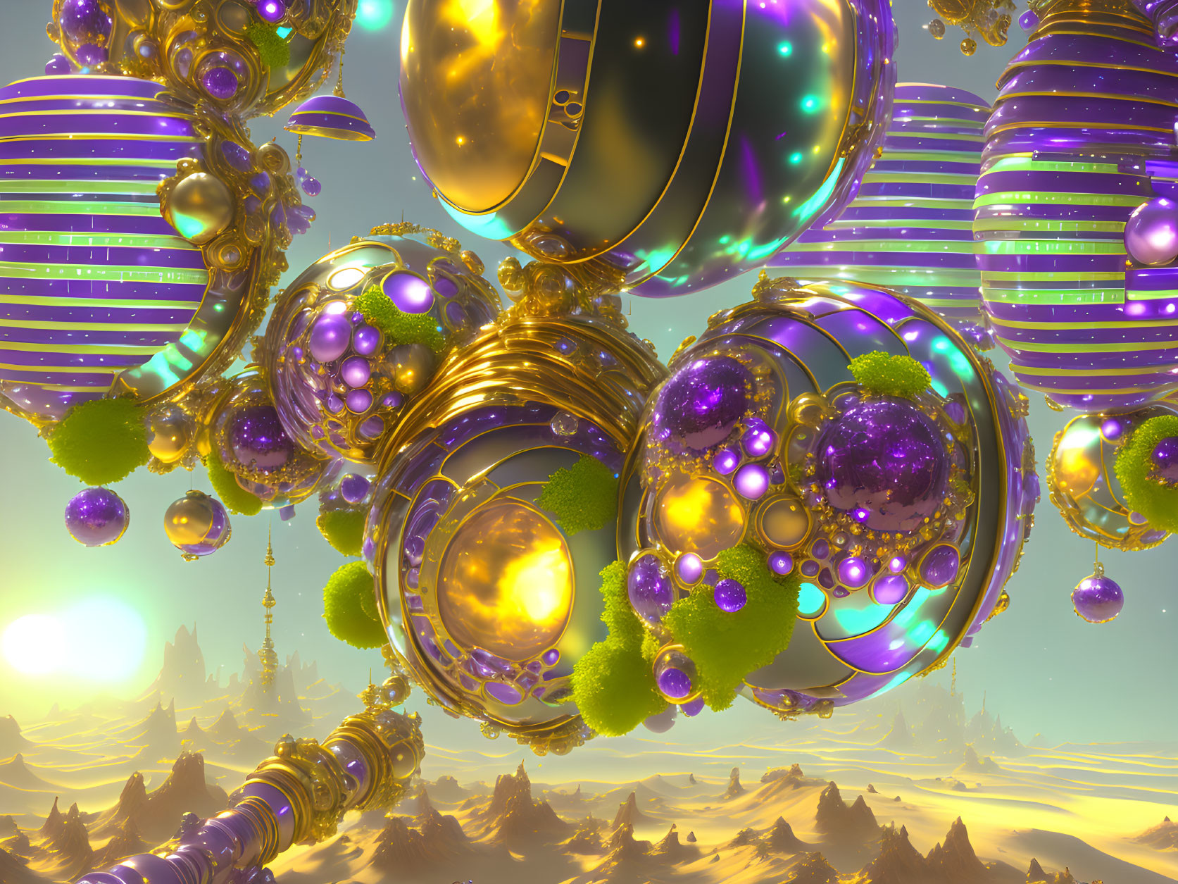 Colorful 3D render of shiny spherical structures in purple and gold hues above a golden landscape