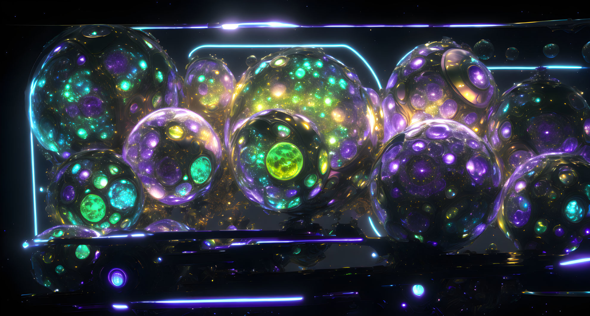 Multicolored orbs floating in futuristic structure with neon lights